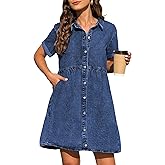 KDF Denim Dress for Women with Pockets Short Sleeve Babydoll Denim Shirt Dresses for Women 2025