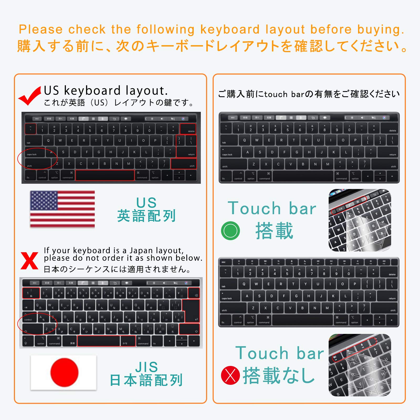 [US Keyboard Version - 2021 Spring Improved Model] MacBook Pro 13/15 inch Keyboard Cover (2016/2017/2018) Touch Bar English Support A2159 / A1706 / A1707 / A1989 / A1990 Waterproof / Dustproof Ultra