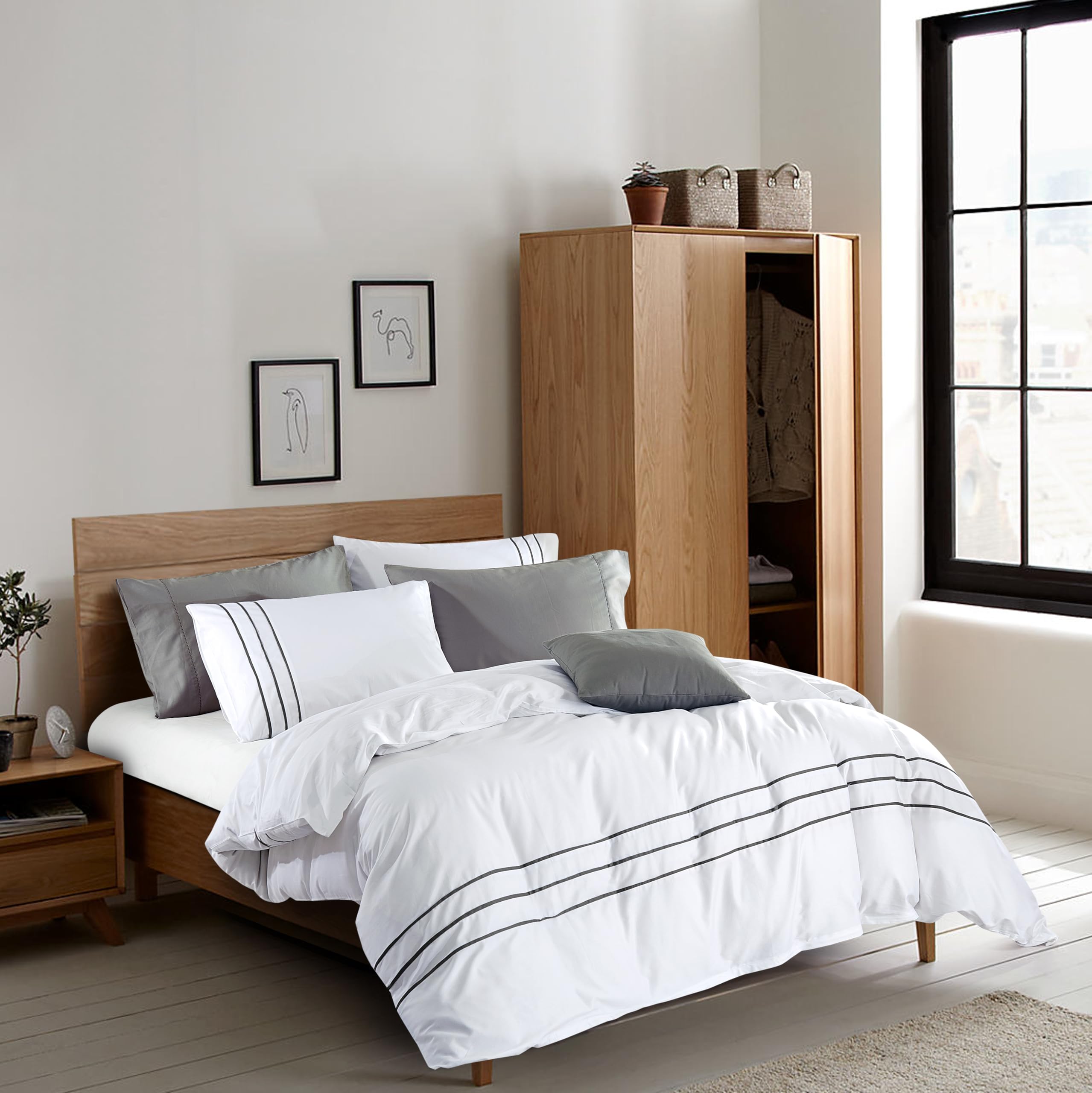 Photo 1 of MengBoo Karen 3 Pieces White Duvet Cover Set Without Filling Grey Stripe Trim 100% Egyptian Cotton 300 Thread Count Soft Sateen Hotel Collection Zipper Closure Corner Ties (White Grey, King)…