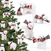4 Pcs Polar Bear Christmas Decorations White Flocked Animal Christmas Ornaments with Scarf, Animal Ornaments for Christmas Tree Holiday Home Decor Gift