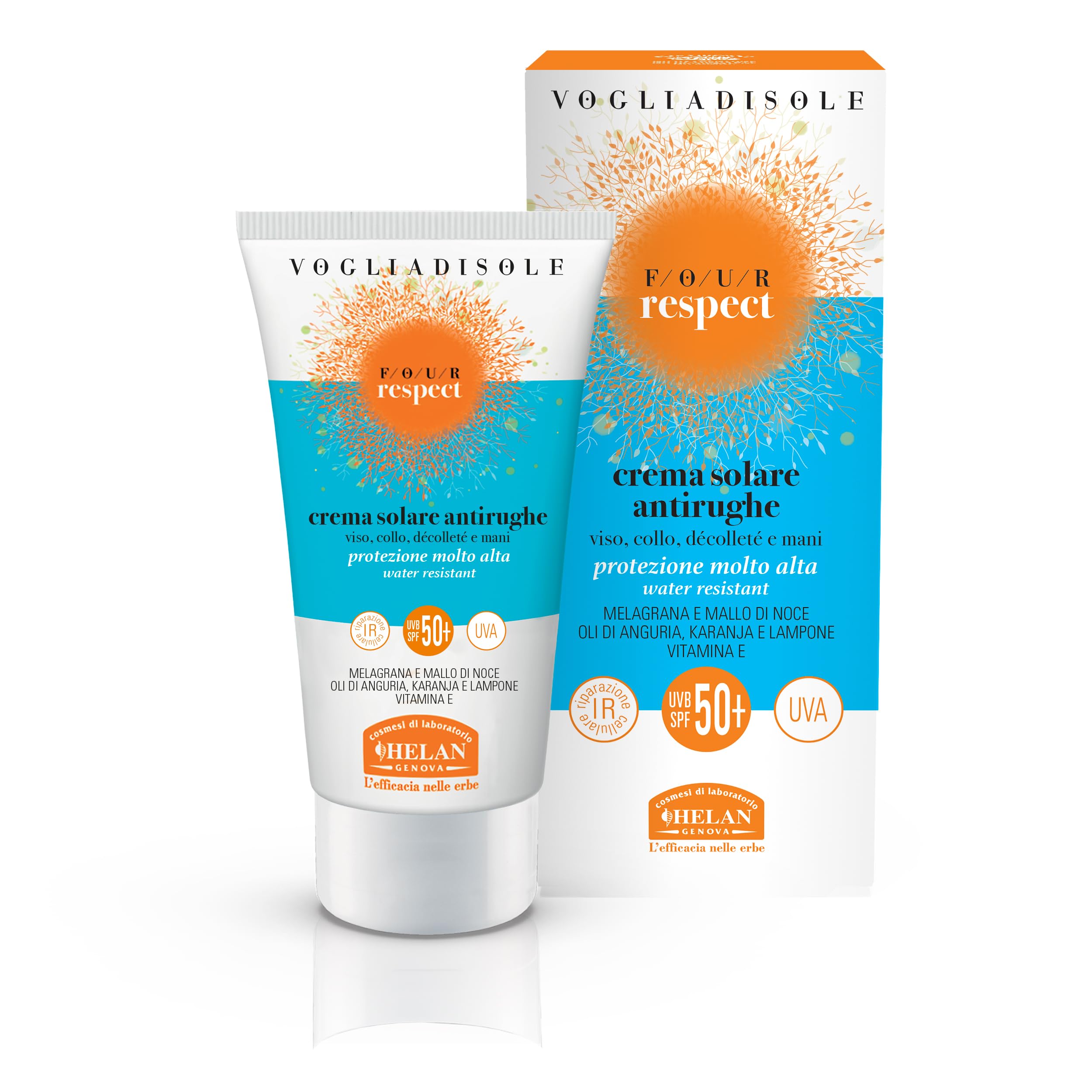 Helan Vogliadisole Four Respect - Anti-Wrinkle Sun Cream Spf 50, High Protection Against Erythema and Sunburn, Sunscreen & Sun Lotion with Vitamin E, Prevents UVA and UVB Damage - Made in Italy, 50 ml