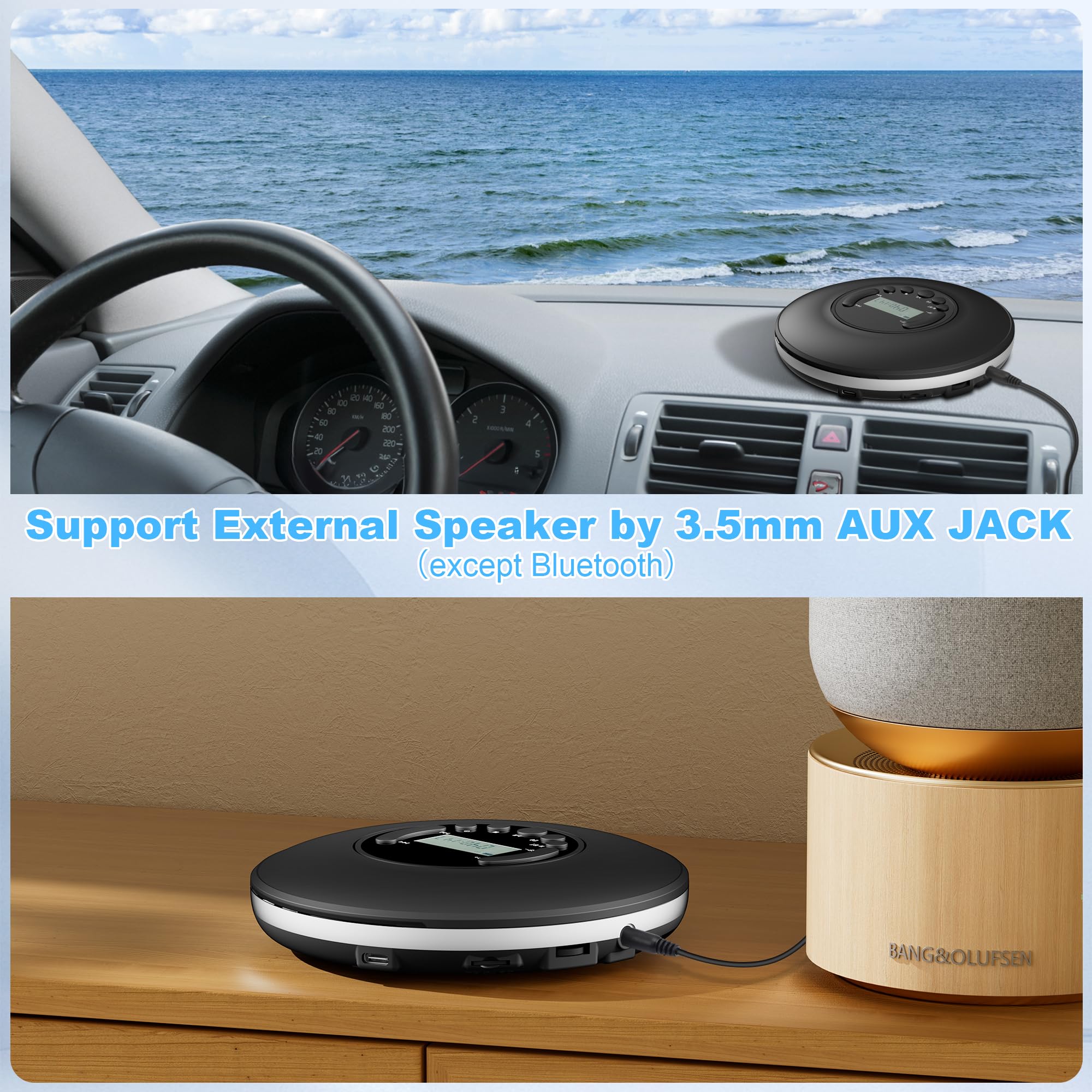 CD Player Portable, Discman with Stereo Earbuds and Bluetooth Output, Anti-Skip Shockproof Walkman, Compact and Lightweight, Power DC or 2xAA Battery