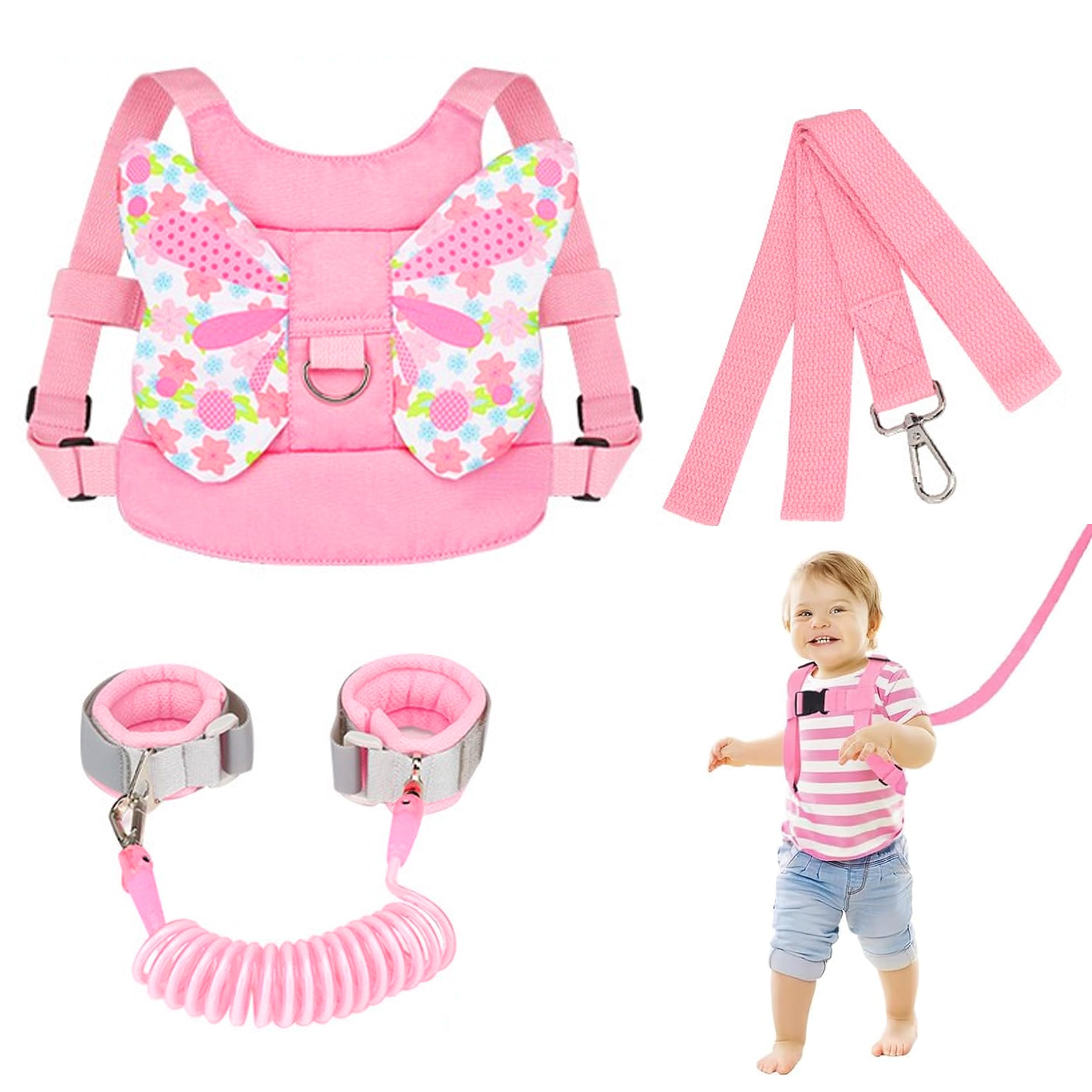 Baby Reins, Toddler Reins, Baby Walking Harness Anti-Lost Toddler Reins Baby Reins Walking Harness Butterfly Wings with Anti Lost Wrist Link for Toddlers Boys and Girls(Pink)