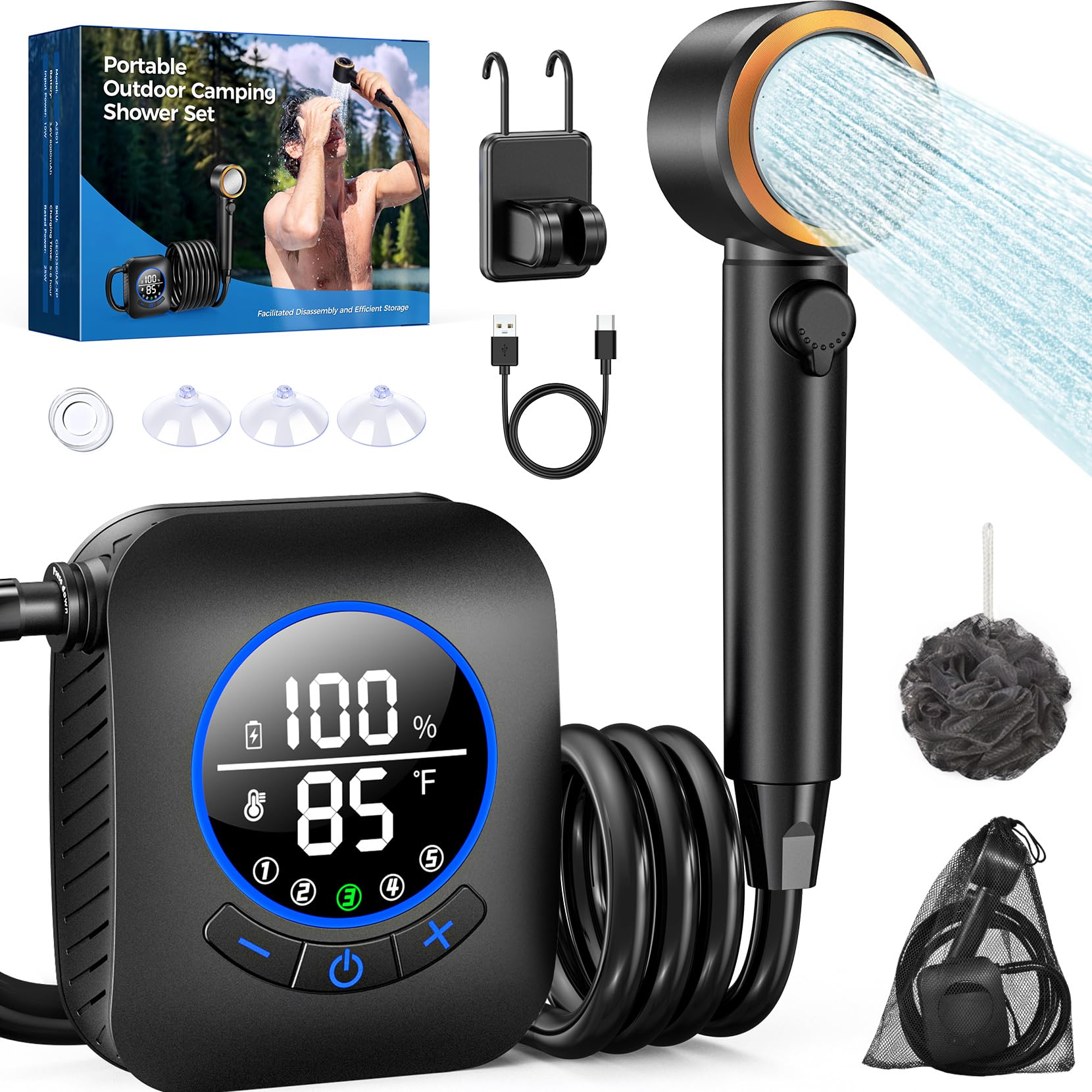 Photo 1 of Docusvect Portable Shower for Camping 8000mAh with 3X Stronger Water Flow, Portable Camping Shower with 5 Pressure Levels, 4 Spray Modes, 26oz Ultra Lightweight, IPX8 Waterproof