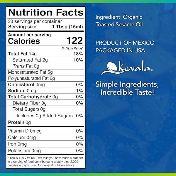 KEVALA ORGANIC TOASTED SESAME OIL – CHOLESTEROL-FREE OIL WITH ANTIOXIDANTS AND ESSENTIAL VITAMINS FOR DAILY COOKING AND BAKING, GREAT IN ASIAN-STYLE RECIPES, KITCHEN PANTRY ESSENTIAL, 12 OZ, 354 ML