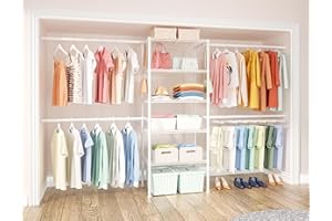 Ulif M2 Closet Organizer System, 5.9 Feet Height Mounted to the Wall Garment Rack with 4 Expandable Hanger Rods, 5 Shelves in 23.6" L x 14.5" W, Suit Total Space from 5.8-8.8 ft, White