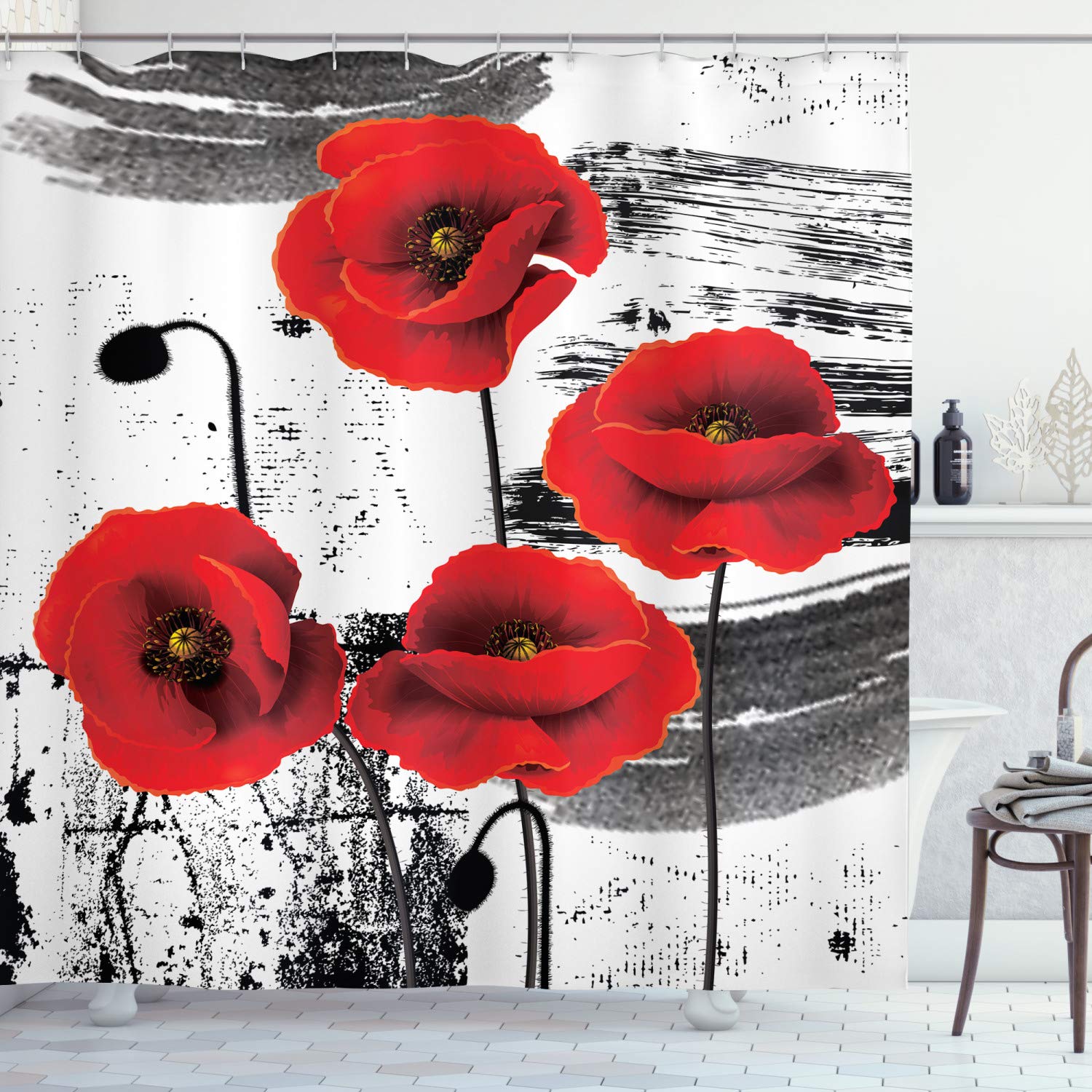 ABAKUHAUS Poppy Shower Curtain, Composition of Blossoming Flowers with Grunge Brush Background, Cloth Fabric Bathroom Decor Set with Hooks, 94 Inches, Vermilion Grey