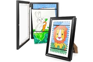 KOTNYX LED Light Kids Artwork Frame - Front Opening Kids Art Display Picture Frame, Holds 100 Pictures, MDF & Shatter-Resistant Glass, Standing Frame/Wall Hanging,13.3x10, Mat 11.6x8.3 - Black