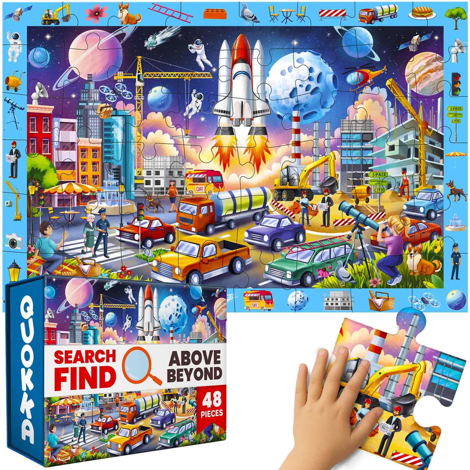 QUOKKA Floor Puzzles For 3 4 Year Olds - 60x90 cm 48 pc Giant Search and Find Jigsaws For Children Age 4 5 - Above and Beyond Observational Scene - Educational Toy with Gift Box - City Learning — image 1