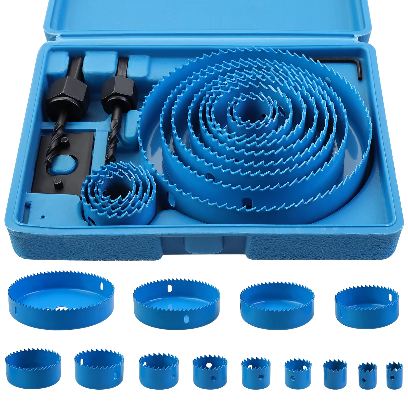 Knpwer 18 PCS Hole Saw Cutter Kit Carbon Steel Downlights Drill Bit Tools for Wood, Plasterboard, Plastic and Non Ferrous Metals 19-127mm,Blue