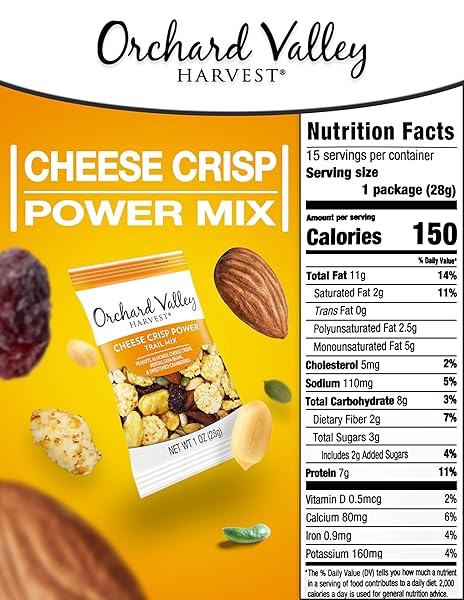 ORCHARD VALLEY HARVEST CHEESE CRISP POWER TRAIL MIX, 1 OZ BAGS (15 COUNT), SNACK PACKS, 7G PROTEIN PER SERVING, TRAIL MIX INDIVIDUAL PACKS, SNACKS FOR ADULTS AND KIDS