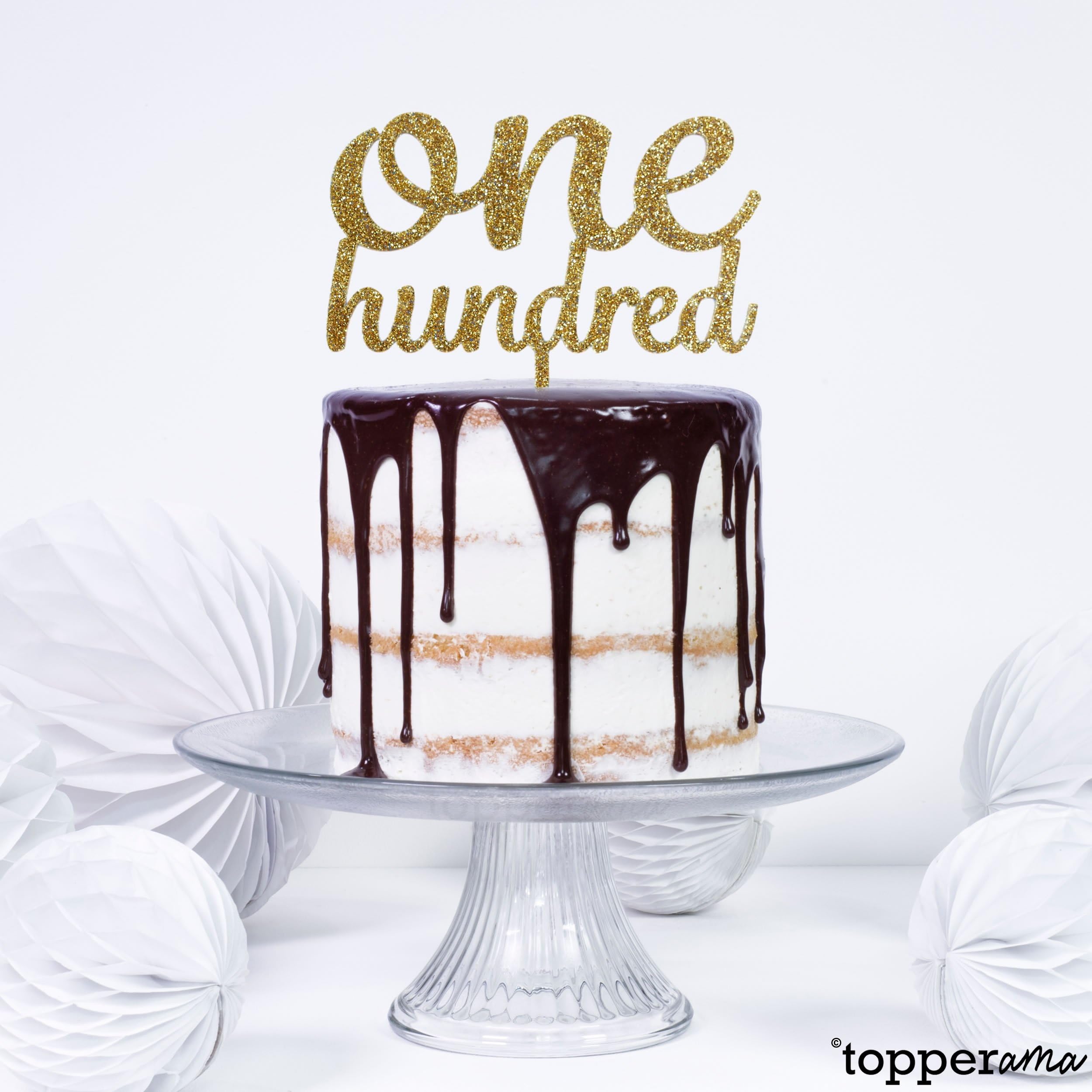 One Hundred 100 100th Age Birthday Party Cake Topper by Topperama (3mm Gold Glitter Acrylic)