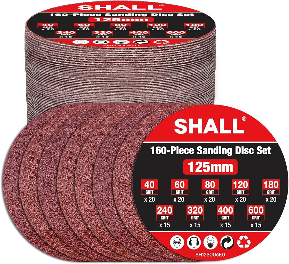 Shall 160Pcs 125mm Sanding Discs Set 8-Hole Hook & Loop 40-600 Grits