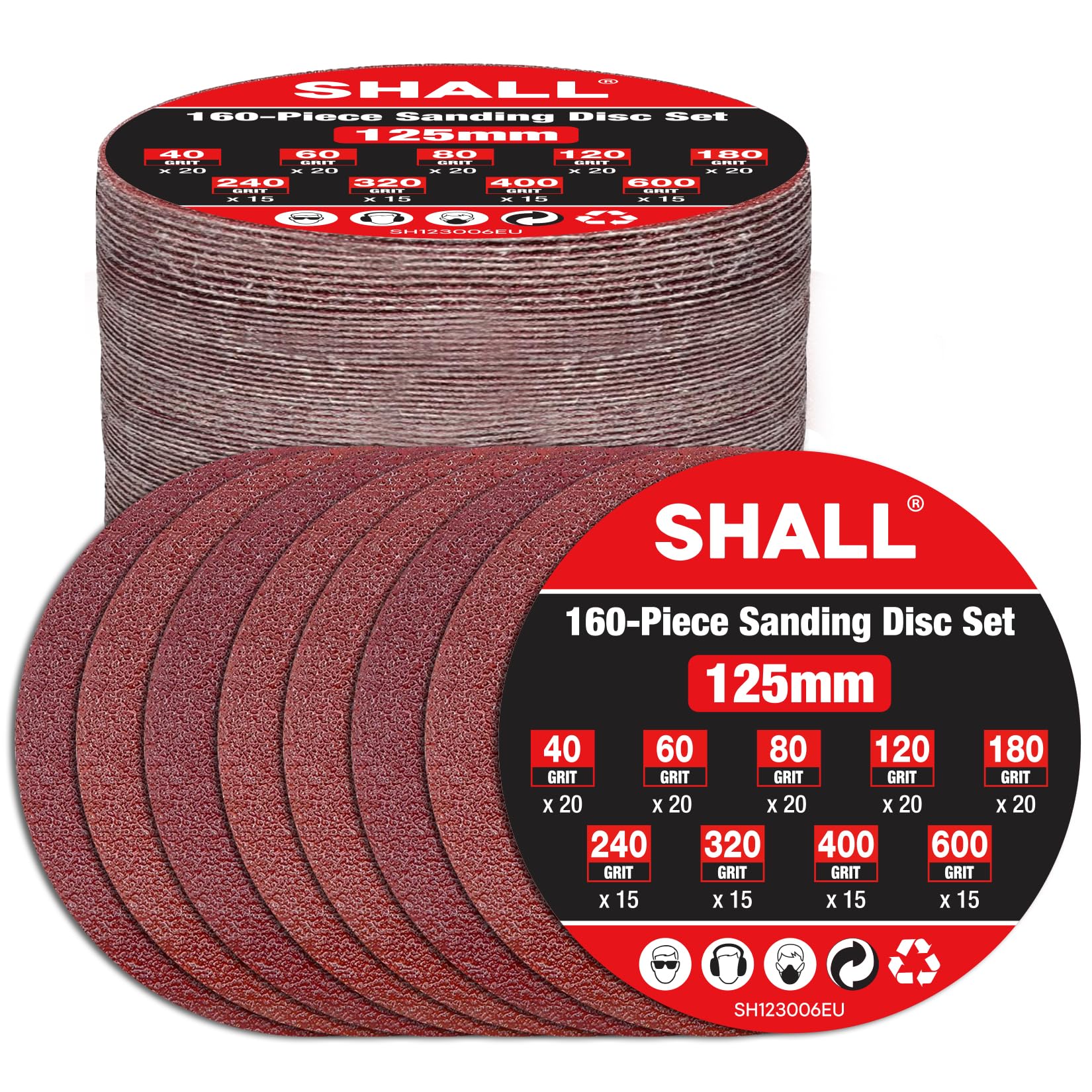 SHALL 160pcs 125mm Sanding Discs, (Hook and Loop 40/60/80/120/180/240/320/400/600 Mixed Grit), 8 Hole 5 Inch Round Sanding Discs Pads,for Orbit Orbital Sander and All Oscillating Tools