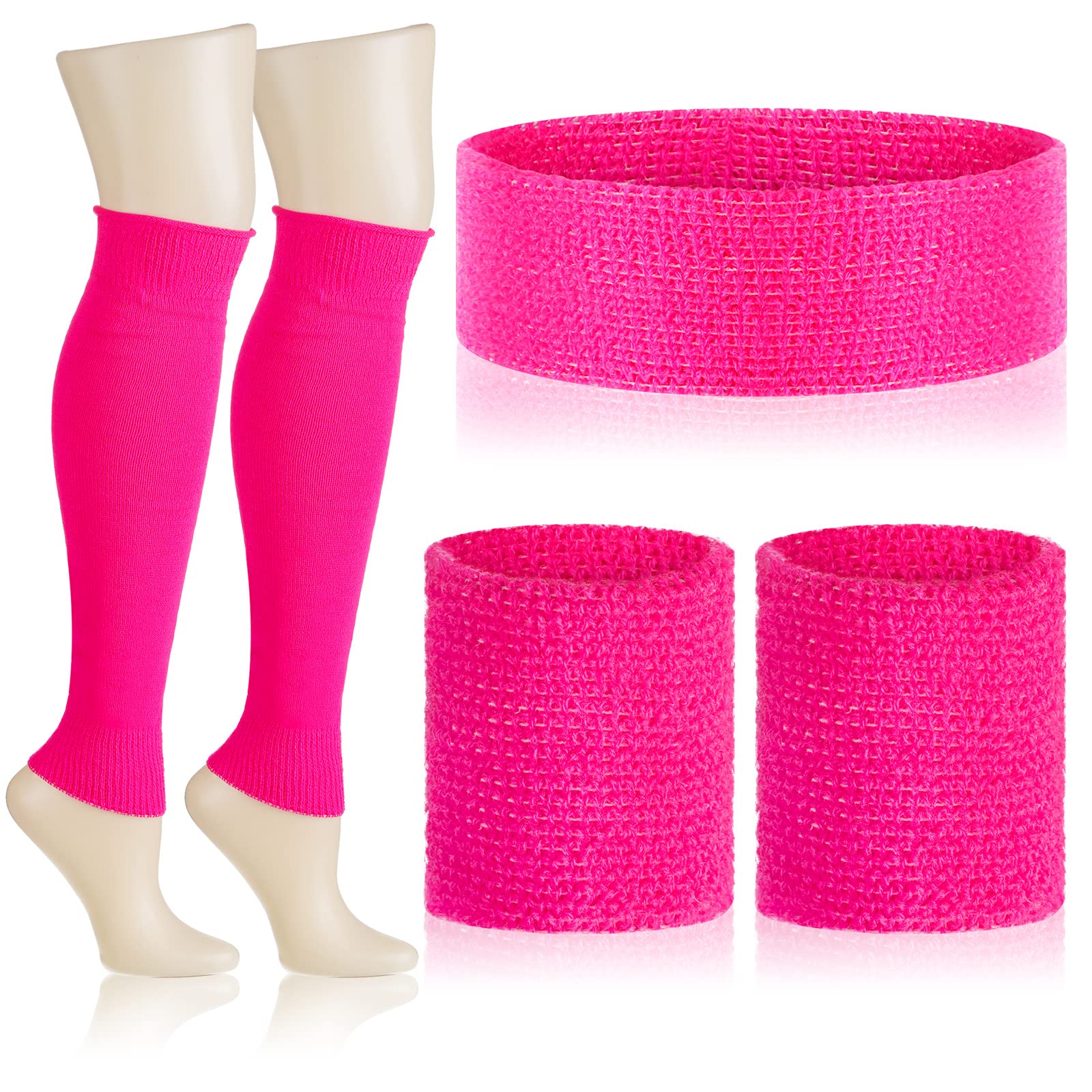 BBTO 80s Fancy Dress for Women 80s Accessories Leg Warmers Headband and Wristbands Running Knit Neon Theme Party Costumes Outfit Retro Decor (Bright Pink)