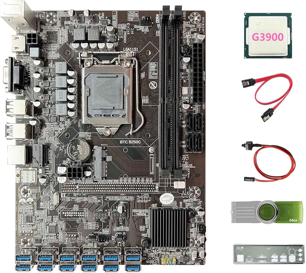 Oikabio B250C BTC Motherboard LGA1151 DDR4+G3900 CPU+64G USB+12x USB3.0 for ETH