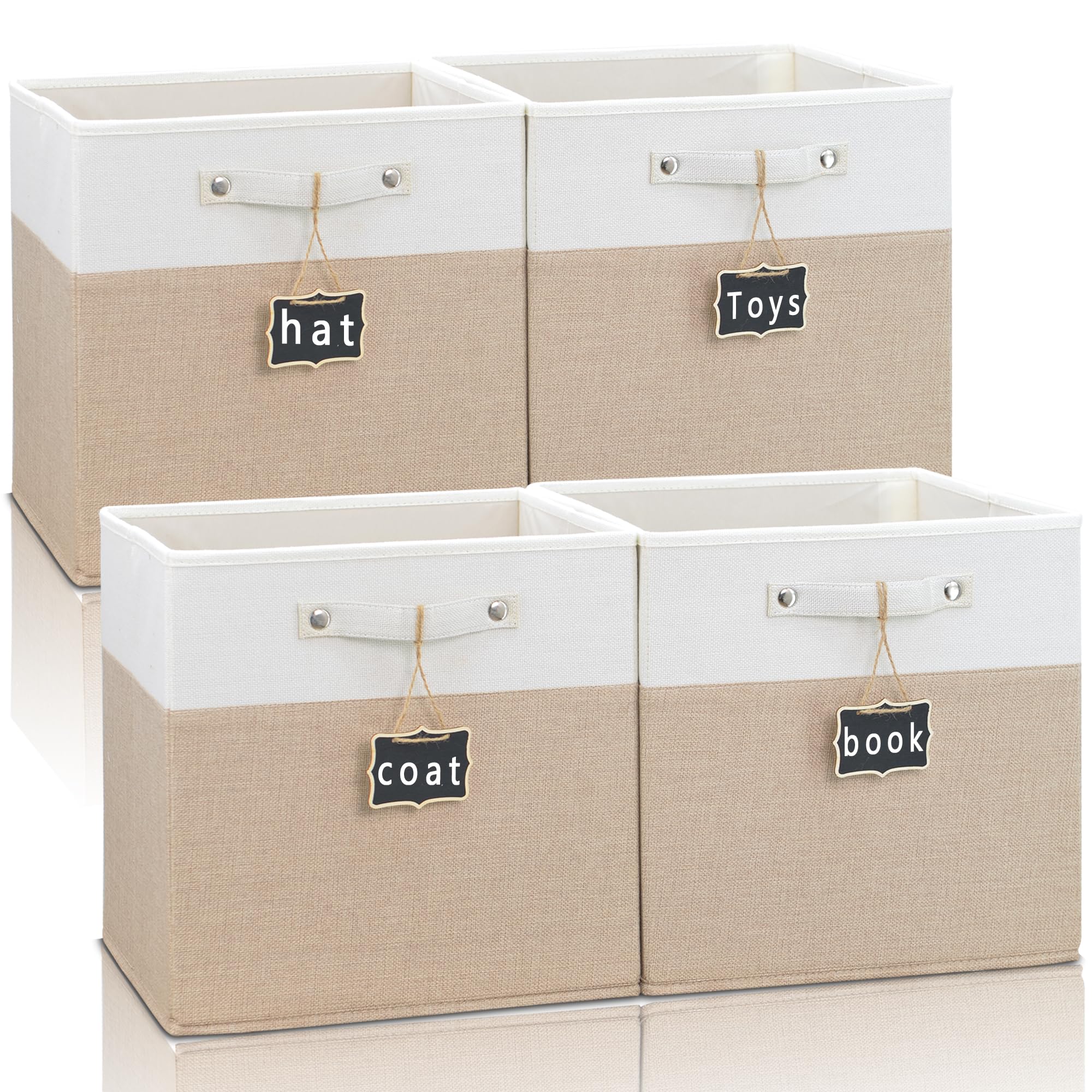 Photo 1 of Dyvavna Foldable Fabric Storage Cubes with Labels, Linen Cube Storage Organizer Bins for Kallax Storage - Set of 4 (12 x 12) in White Khaki