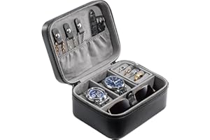 ProCase Travel Watch Case, 2 Slots PU Leather Mens Jewelry Box, Portable Watches Cufflinks Accessories Storage Case, Zippered Carrying Organizer Bag for Man -Black