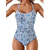 Eomenie Women's One Piece Swimsuit Tummy Control Slimming Bathing Suit Ruched Swimwear Tie Back Shell Stitch Swim Suit