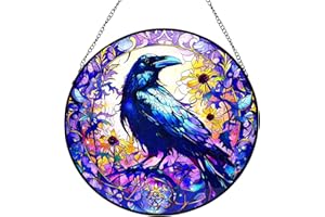 LOTIKOU Crow Glass Window Hanging, 9.84'' Crow Themed Window Hanging with Chain, Animal Stained Glass Panel