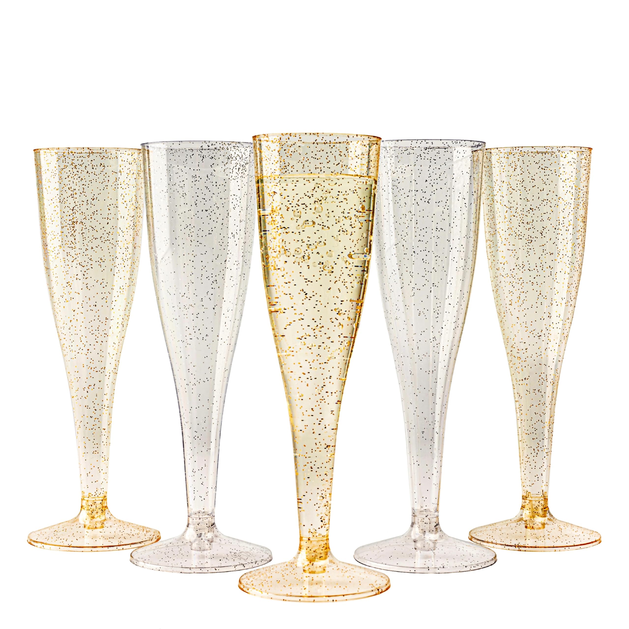 MATANA 120 Premium Plastic Champagne Flutes, 133ml - 60 Gold & 60 Silver Glitter Toasting Glasses for Cocktails, Dessert, Wine - Reusable Plastic Flutes - Prosecco Glasses for Weddings, Parties