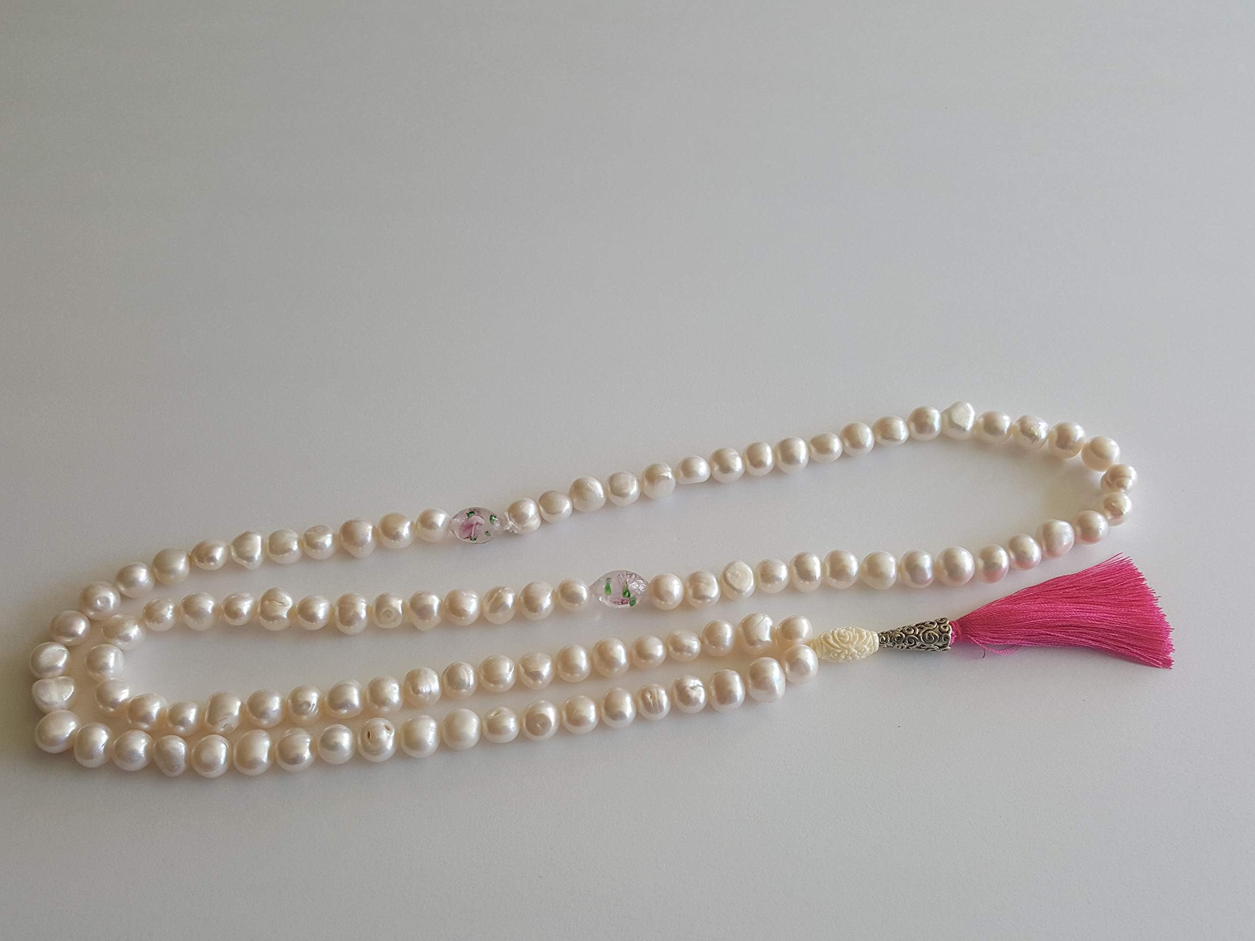 Artisan Hand Made ZamZam Tasbih Islamic Prayer Beads White 7-10mm Cultured Pearls 99 Set, Gorgeous lamp Work Glass Barrel Light Pink Flower spacers