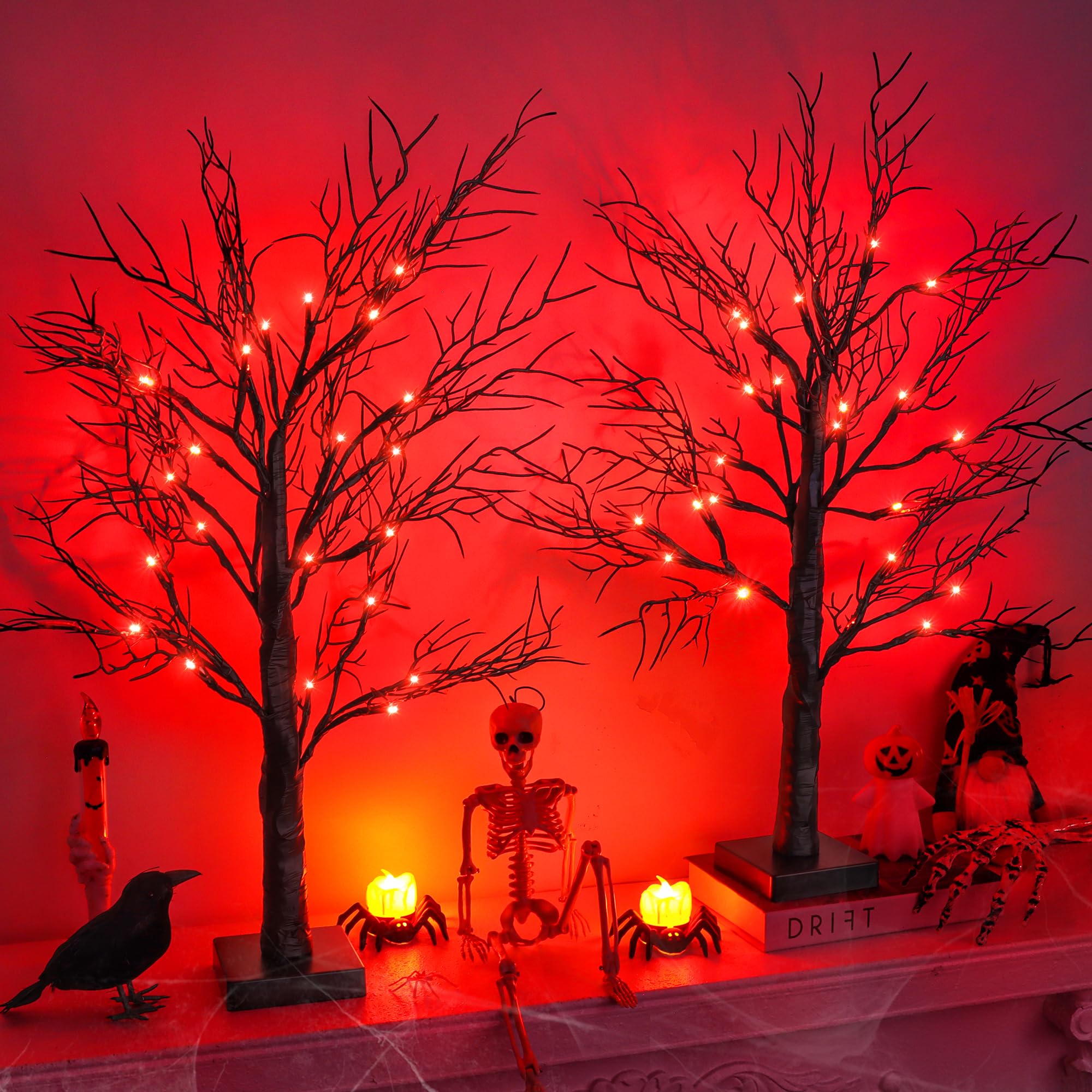Photo 1 of 2 Pack 24 Inch Black Halloween Tree with 48 LED Orange Lights Indoor Halloween Decorations, USB or Battery Operated Halloween Table Decorations Lighted Tabletop Spooky Birch Tree Home Decor Office