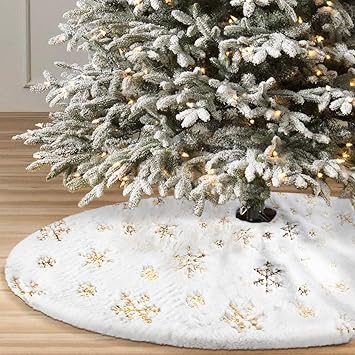 36 inch faux fur white tree skirt with gold sequin snowflakes