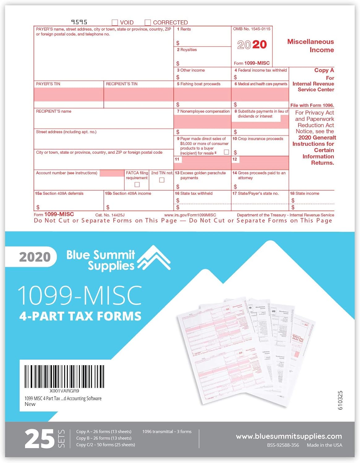 1099 MISC Forms 2020, 4 Part Tax Forms Kit, 25 Vendor Kit of Laser Forms, Compatible with QuickBooks and Accounting Software : Office Products