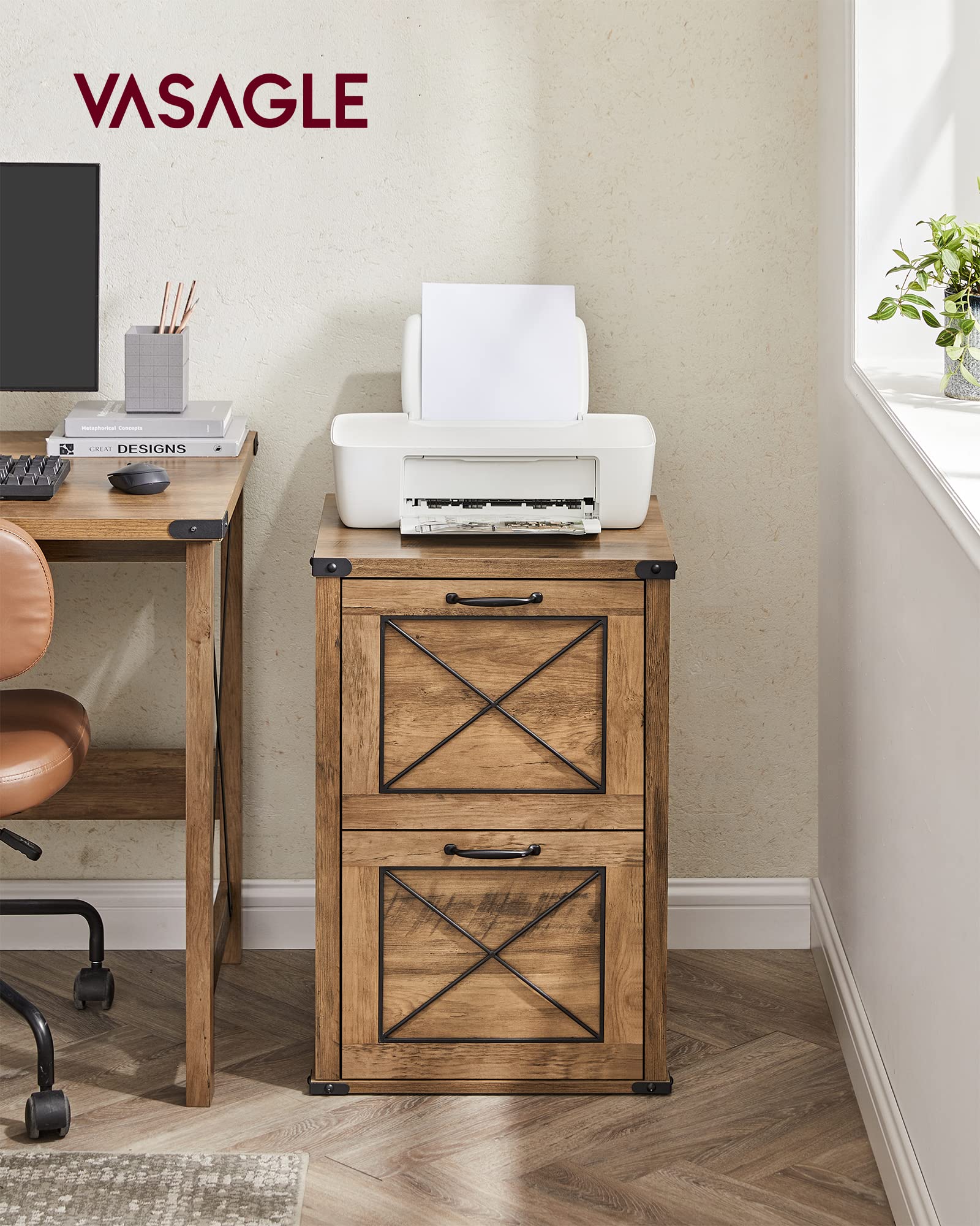 VASAGLE File Cabinet, Filing Cabinet with 2 File Drawers, Printer Stand, Fit A4, Letter Size, Hanging File Folders, Modern Farmhouse Style, for Home Office, Honey Brown UOFC048T41