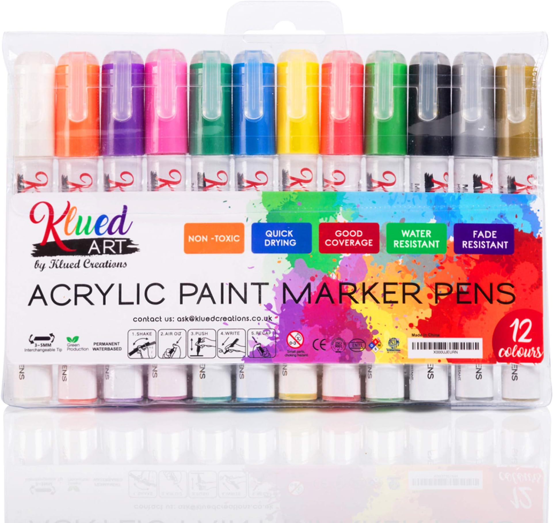 Acrylic Paint Marker Pens, Permanent Paint Pens, Paint on Rock, Glass, Ceramic, Fabric, Stone and Canvas, Medium Round and Chisel Tip, for Kids DIY Art and Craft, Set of 12 Colours by KluedArt