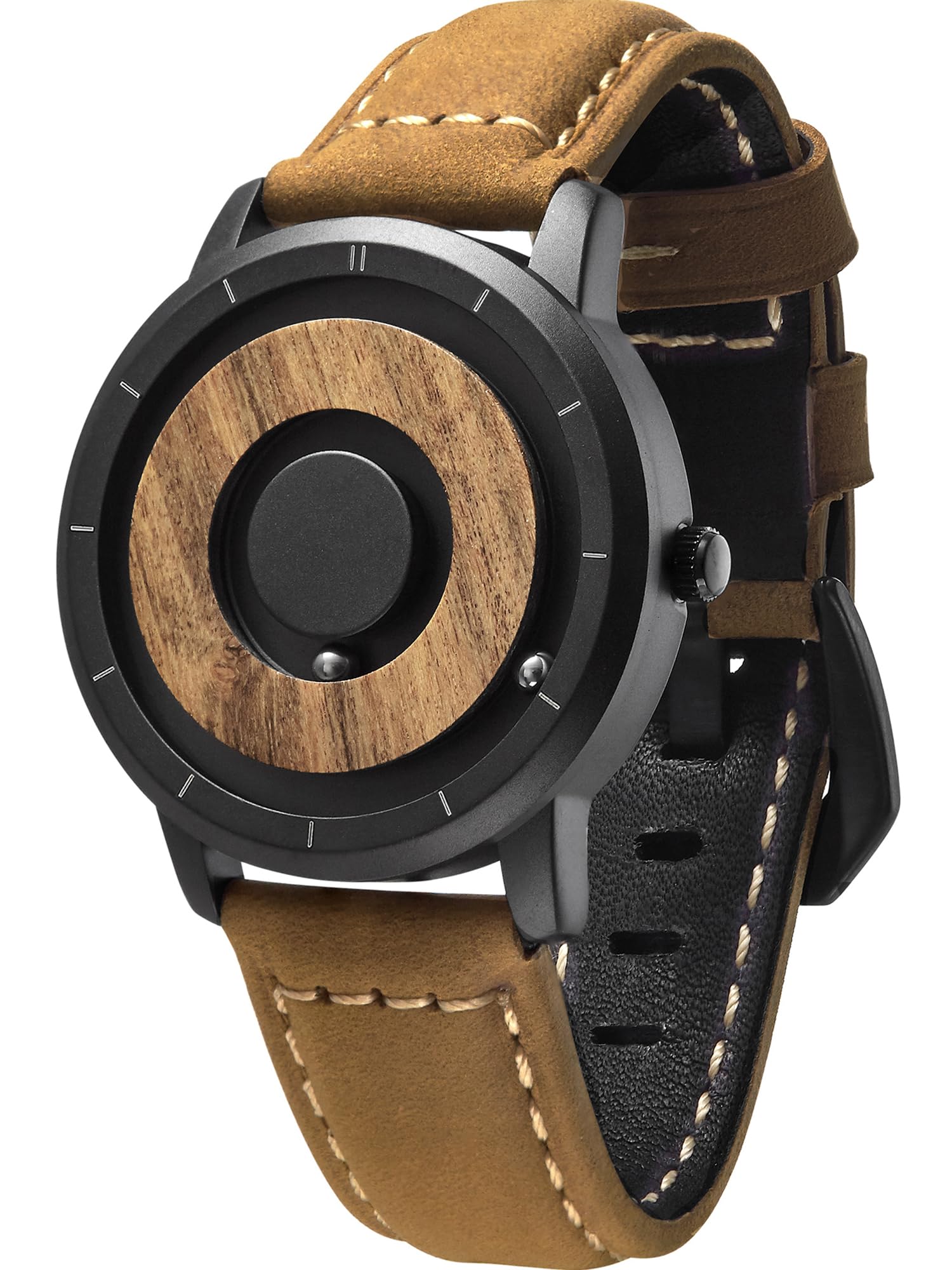 EUTOUR Mens Watches Men Wooden Watches Magnetic Watch Analogue Mens Swiss Quartz Watch Natural Wood Case Stainless Lite Brown Leather Strap