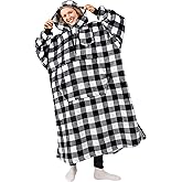 PAVILIA Blanket Hoodie for Women White, Sherpa Wearable Blanket Men, Cozy Oversized Sweatshirt Blanket, Warm Fleece Hooded Blanket Sweater with Sleeves and Giant Pocket, Adult Long, Checker White