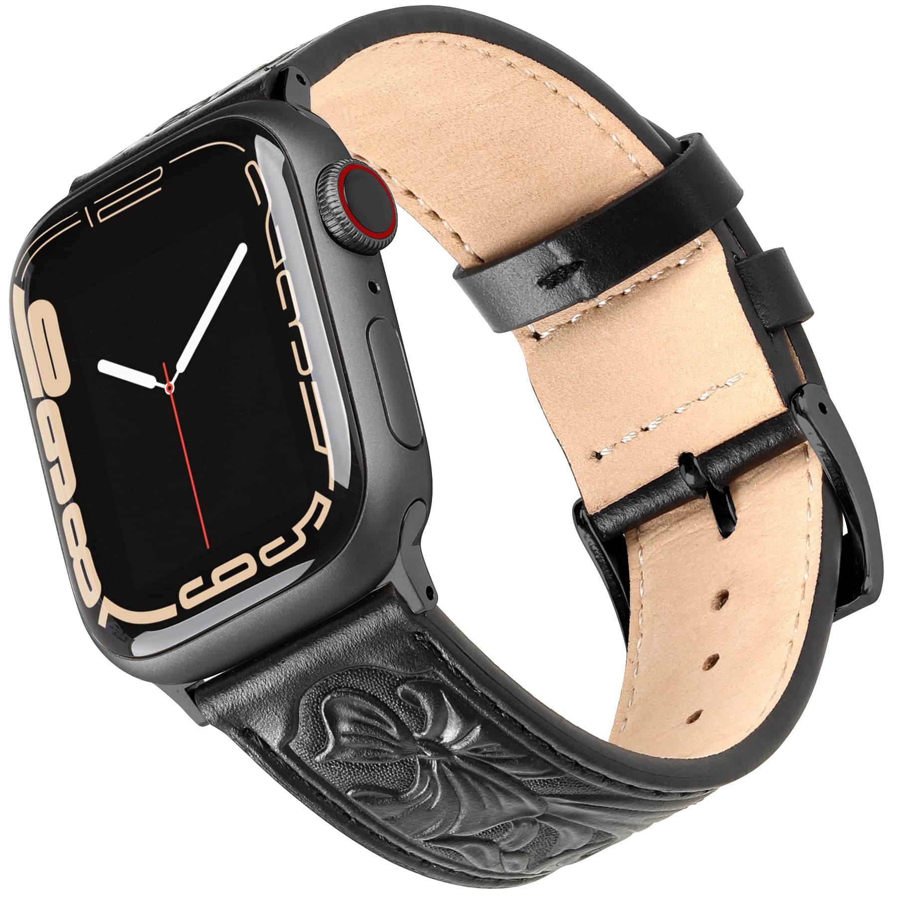 Falandi for Apple Watch Band Leather Black 46mm 45mm 44mm, Western Retro Leather Classical Replacement Smart Watch Band for iWatch Men Women Series 10 9 8 7 SE 6 5 (Black/Black, 46/45/44mm)