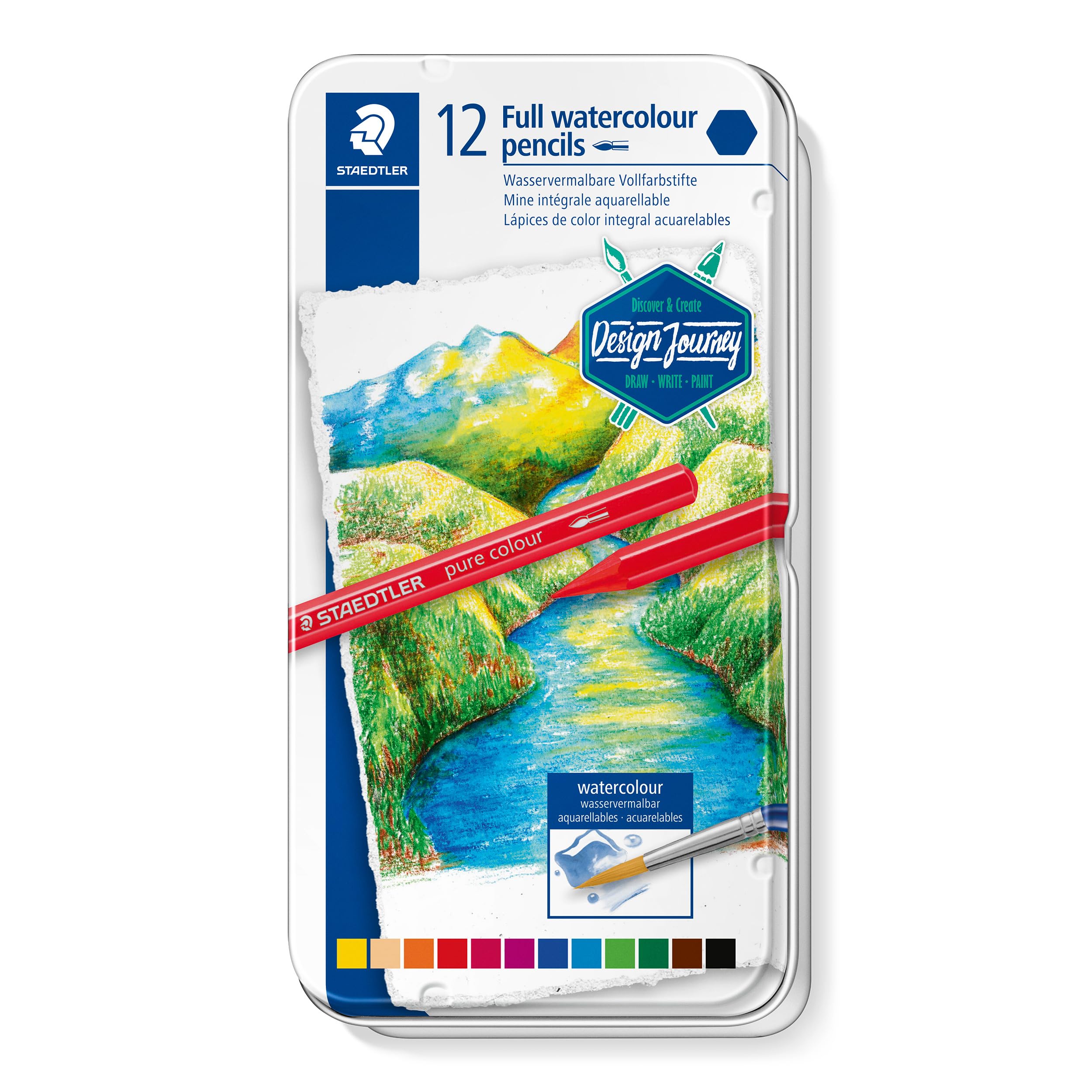 Staedtler Design Journey Full Watercolour 14610G Pencils Metal Box 12 Assorted Colours