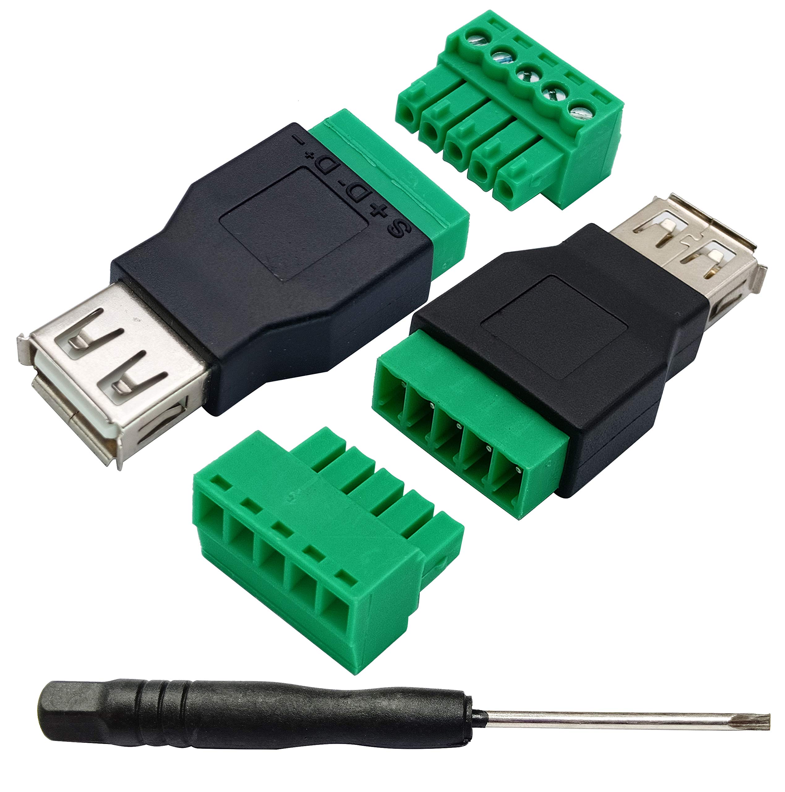 AAOTOKK USB 2.0 A Screw Terminal Block Adapter USB 2.0 A Female to 5 Pin/Way Female Bolt Screw Shield terminals Pluggable Type Adapter Connector for Charging and Data Transfer (2 Pack/Female)