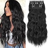 KooKaStyle Clip in Synthetic Hair Extensions Long Wavy 4PCS Thick Hairpieces Black Fiber Double Weft Natural Hair Extensions 24 Inch for Women