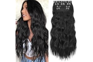 KooKaStyle Clip in Synthetic Hair Extensions Long Wavy 4PCS Thick Hairpieces Black Fiber Double Weft Natural Hair Extensions 24 Inch for Women