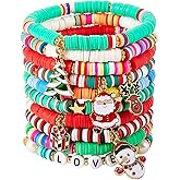 Ornaland 10 Pcs Heishi Surfer Bracelets Set,Christmas Theme Clay Beads Charms Elastic Layering Bracelets, Bohemian Stackable Stretch Bracelets Jewelry for Christmas Day