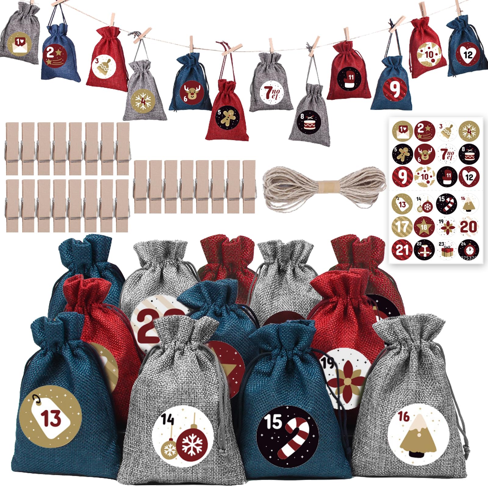 DKDDSSS 24PCS Christmas Advent Calendar Bags, 24 Days, DIY Countdown Burlap Hanging Drawstring Gift Bag with Advent Numbers Stickers, Clips, Rope, for Kids Xmas Party Favors Snacks Sweets