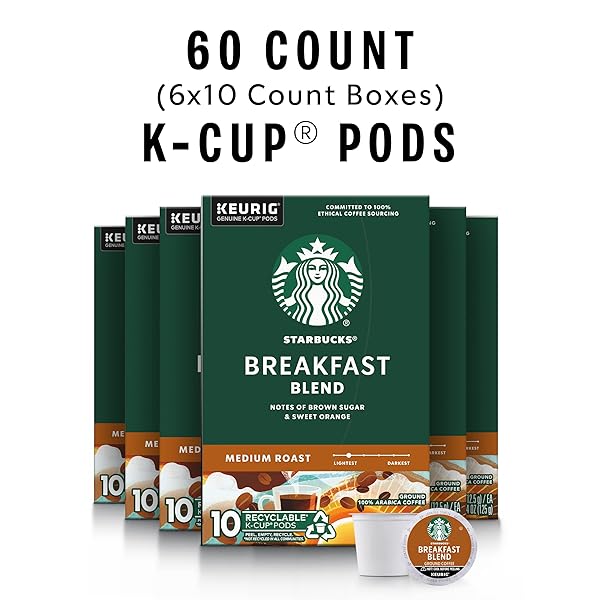 STARBUCKS K-CUP COFFEE PODS, MEDIUM ROAST HOT OR ICED COFFEE, BREAKFAST BLEND, 60 KEURIG PODS