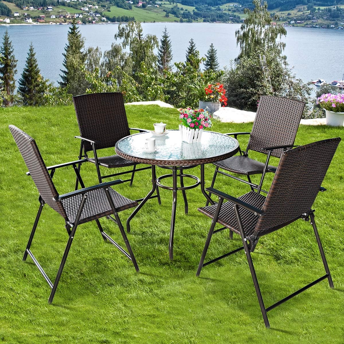 Tangkula 4 PCS Folding Patio Chair Set Outdoor Pool Lawn Portable Wicker Chair with Armrest & Footrest Durable Rattan Steel Frame Commercial Foldable Stackable Party Wedding Chair Set (24X23X37): Kitchen & Dining