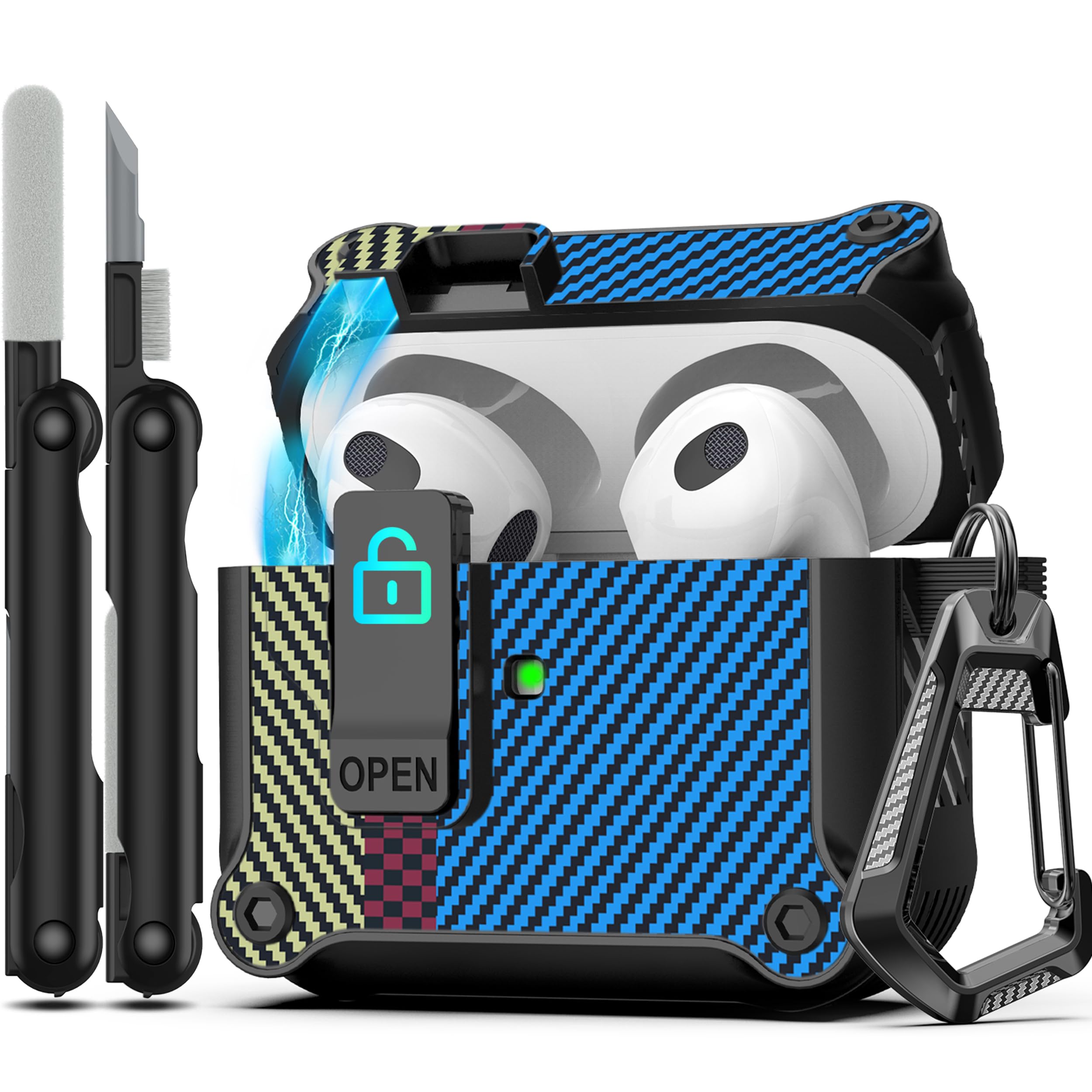 RFUNGUANGO Compatible with Airpods 3rd Generation Case with Cleaning Kit, Secure Closure Clip, Full Body Shockproof Compatible with Apple AirPod 3rd Generation 2021,Carbon Fiber Blue