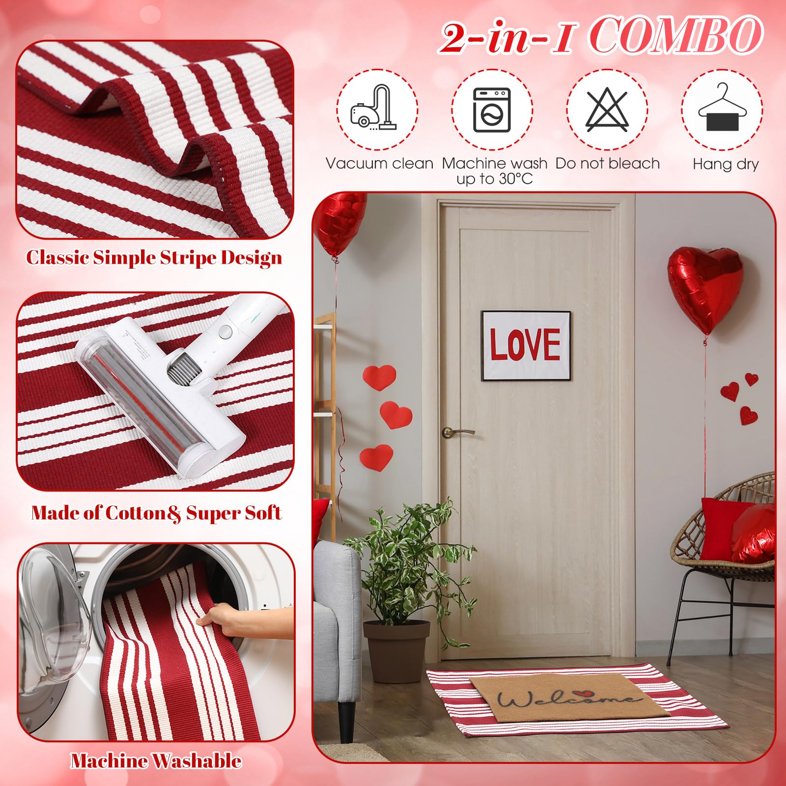 Maasechs 2 Pcs Heart Welcome Doormat Set 24'' x 35'' Red White Stripes Outdoor Rug and 24'' x 16'' Heart Coir Doormat Non Slip Floor Mat for Outside Entrance Front Porch(Heart) - Image 3