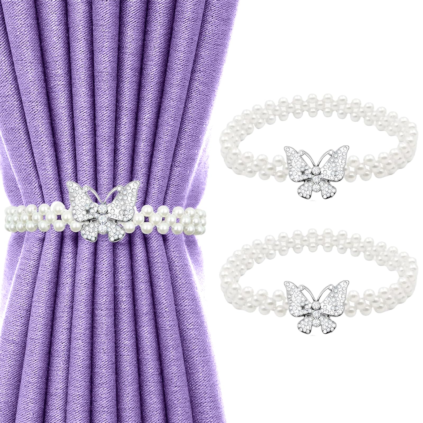 2 Pcs Curtain Tie Backs,Butterfly Curtain Clips,Pearl Curtain Tie-backs with Pearl Elastic Rope Curtains,Suitable for Home, Hotel, Office, No Installation and No Drilling(Silver)
