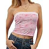 TERIVEEK Women Strapless Reversible Foldover Tube Top Y2K Floral Print Graphic Crop Bandeau Tops Sleeveless Slim Fit Shirt