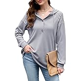 Quatrefox Womens Hoodies Waffle Knit Sweatshirts Lace Long Sleeve Pullover Casual Button Blouses Winter Fall Clothes