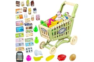 [Newest] Yeeyuue Kids Shopping Cart Toy, Toddler Shopping Cart with 54 PCS Shop Accessories & Storage Properties, Included Grocery Cart Toy, Credit Card, Pretend Fruit Vegetables (Green)