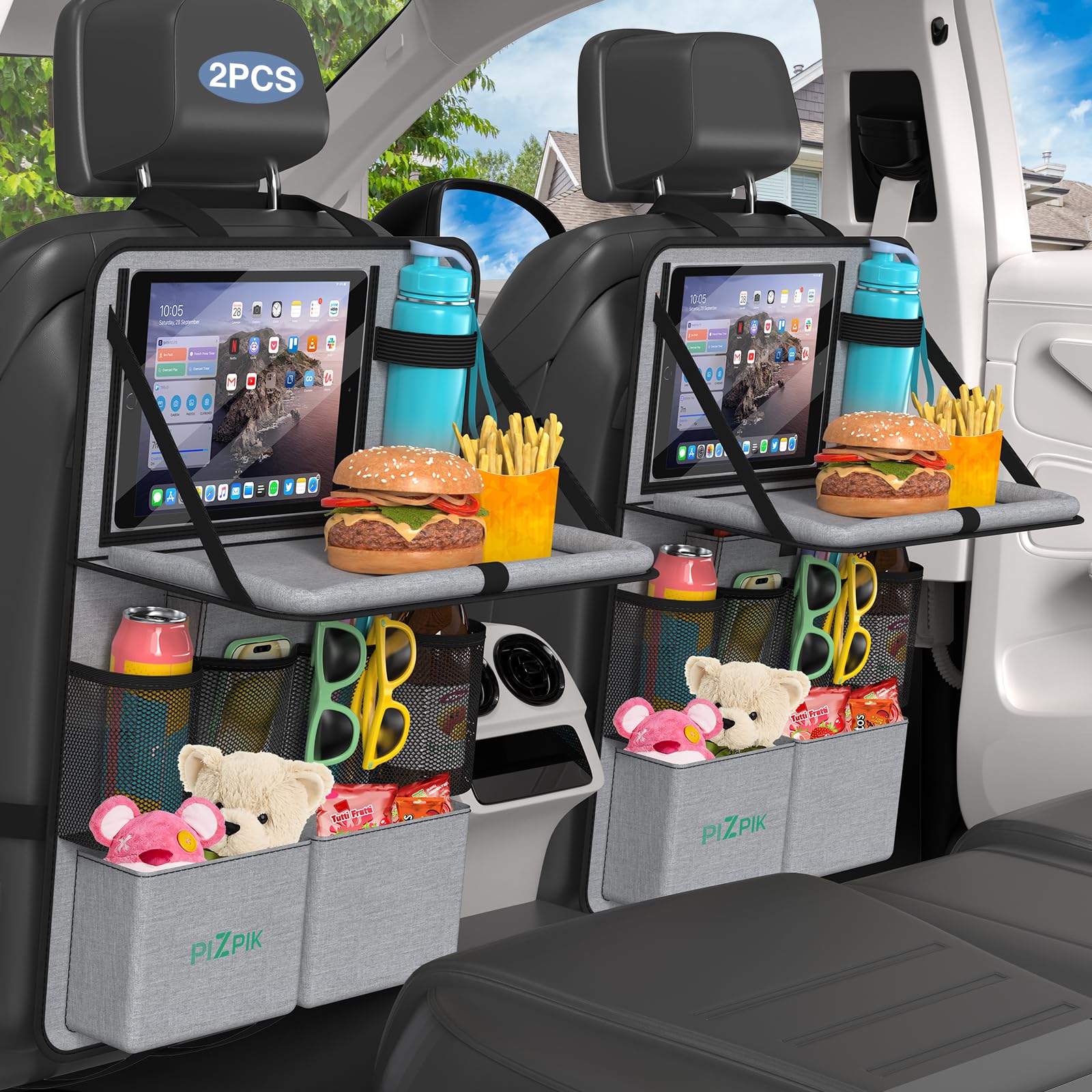 Photo 1 of Plzpik Car Backseat Organizer with Tablet Holder,11 Storage Pockets with Foldable Food Tray, Protector Kick Mats for Kids, Travel Accessories Organizer (Gray, 2Pack)