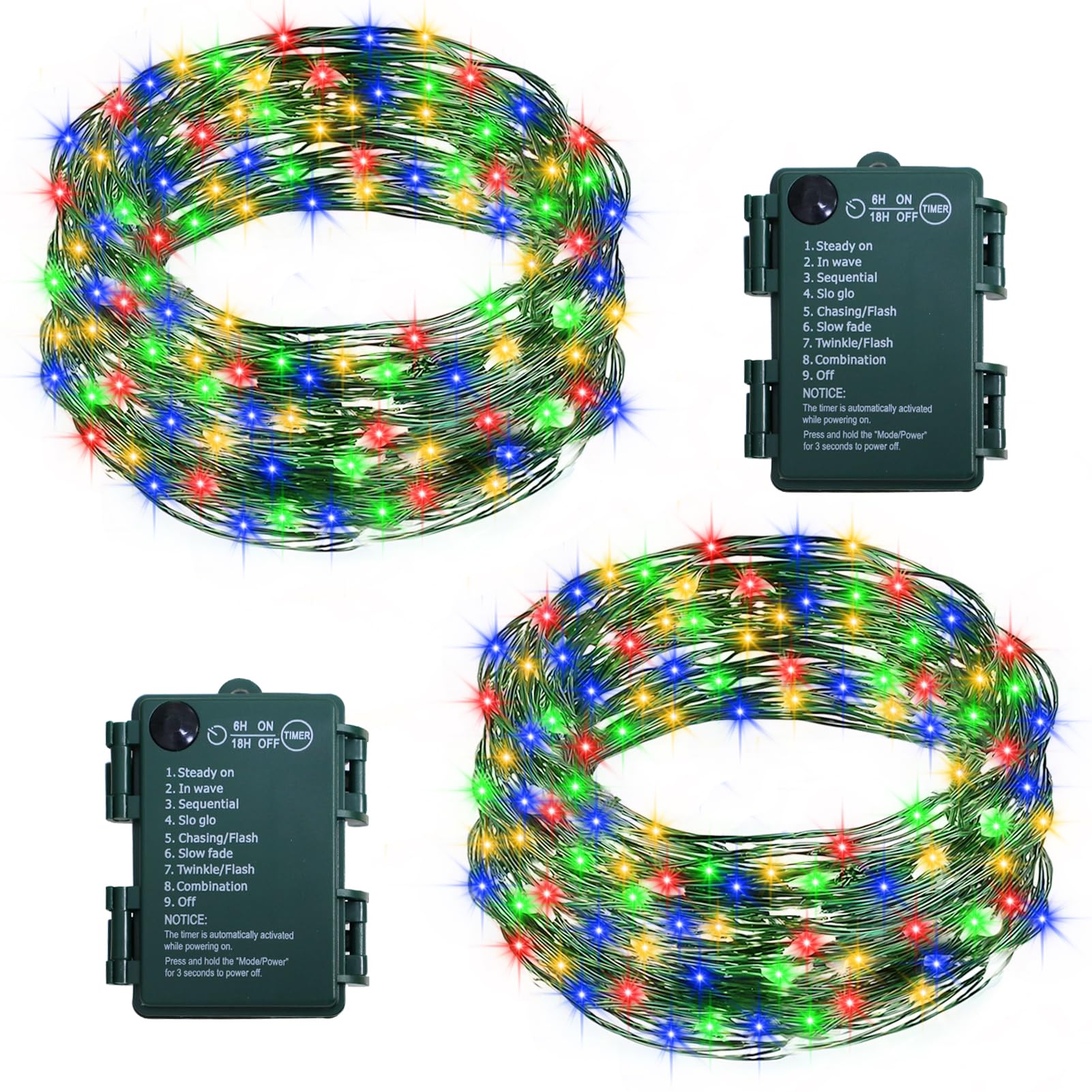 Photo 1 of 2 Pack Fairy Lights Battery Operated, 33Ft 100 LED String Lights with Auto Timer 8 Modes Green Copper Wire Twinkle Light for Bedroom Garden Wreath Wedding Christmas (Multicolor)